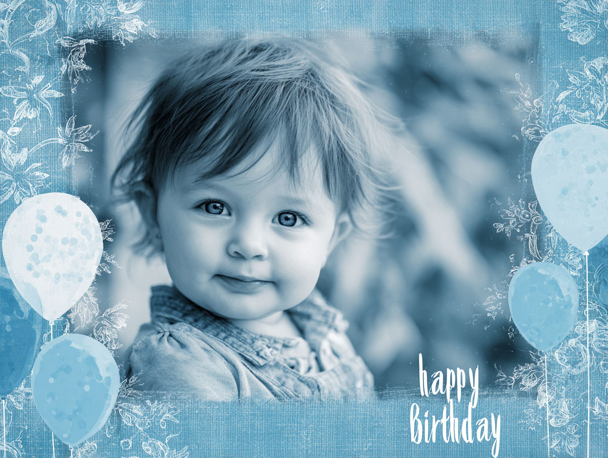 birthday ecards from EcardKings featuring a smiling baby boy in soft blue tones, cute toddler portrait with balloons and floral accents, elegant “Happy Birthday” message, personalized digital birthday card for kids