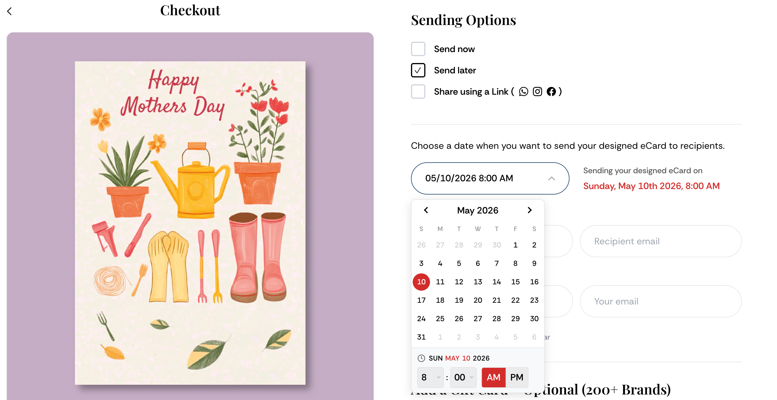 Sending options of the Mother's day eCard on Ecardkings