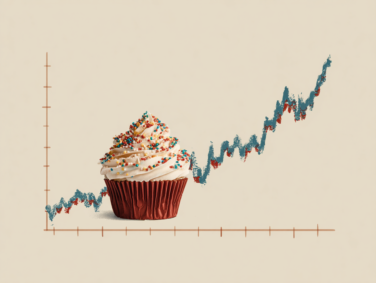Trending birthday ecards 2026 concept – cupcake with sprinkles on rising graph symbolizing growth of digital birthday cards and online ecard trends