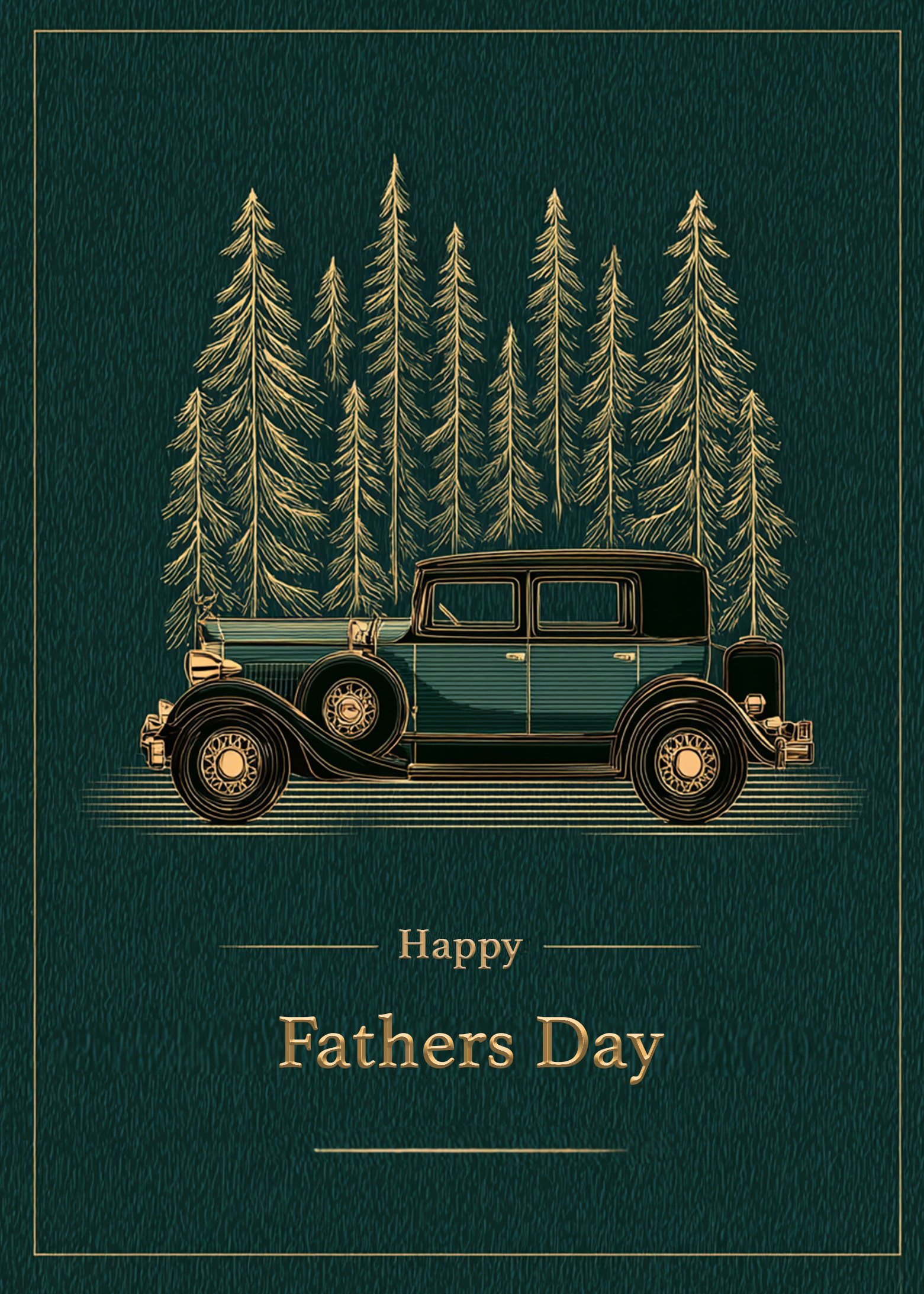 Elegant Father’s Day ecard with a vintage classic car illustration surrounded by pine trees on a dark green textured background.