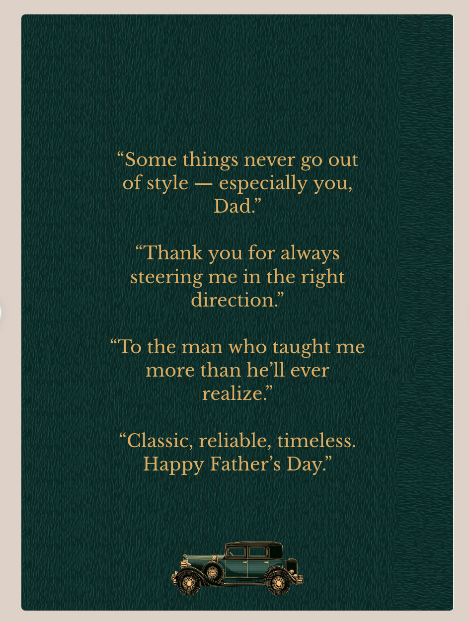Vintage-style Father’s Day ecard featuring heartfelt message ideas in elegant gold typography on a dark green textured background, with a classic vintage car illustration at the bottom.
