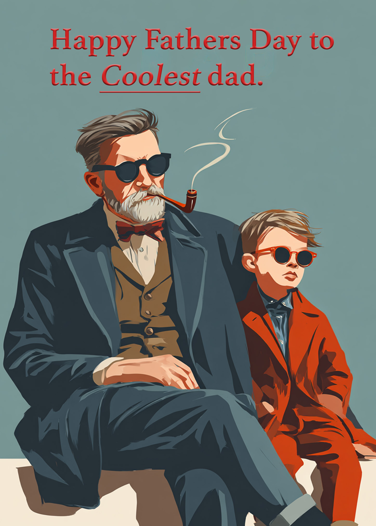 Stylish Father’s Day ecard featuring a cool dad and son in sunglasses with vintage-inspired fashion illustration and red typography.