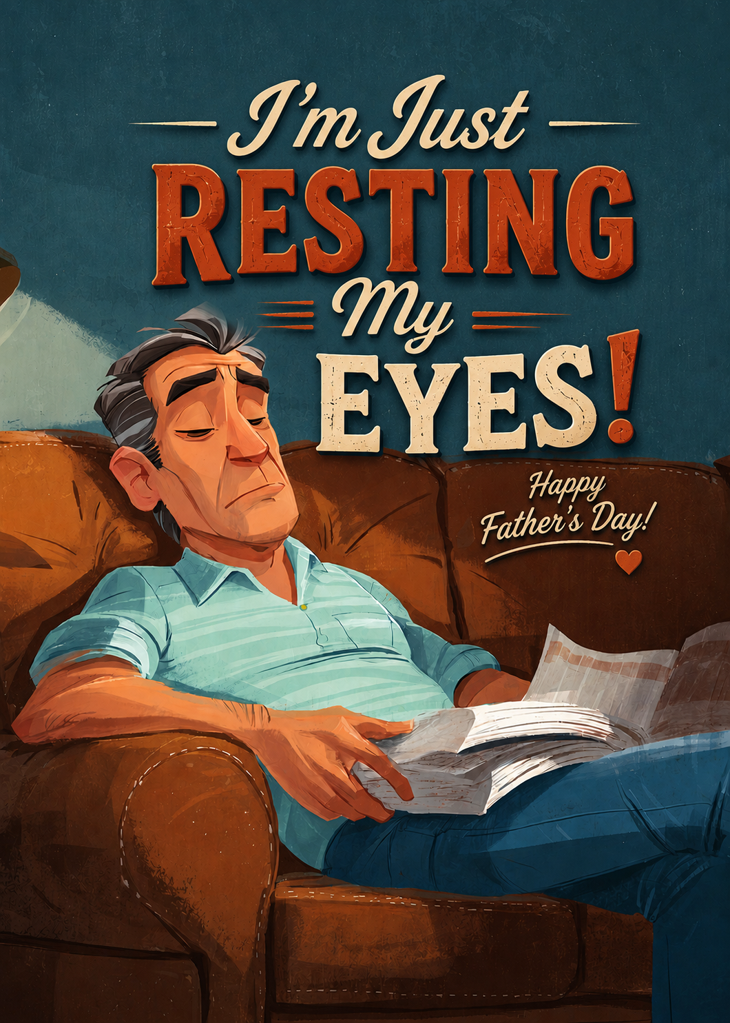 Humorous Father's Day eCard showing a dad asleep in a recliner with the phrase "I'm Just Resting My Eyes."