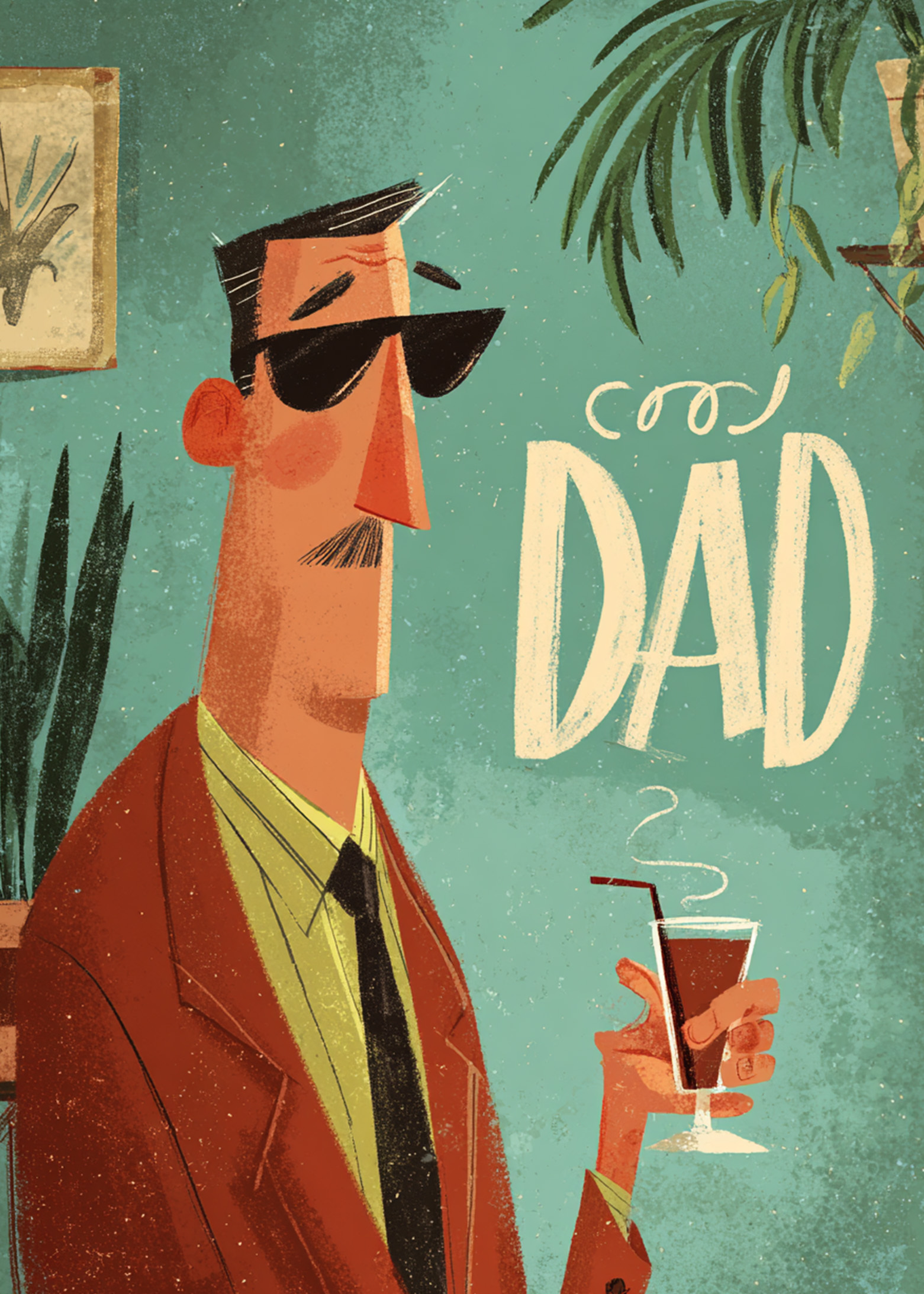 Funny Cool Dad Father's Day eCard featuring a confident dad in sunglasses holding a drink.
