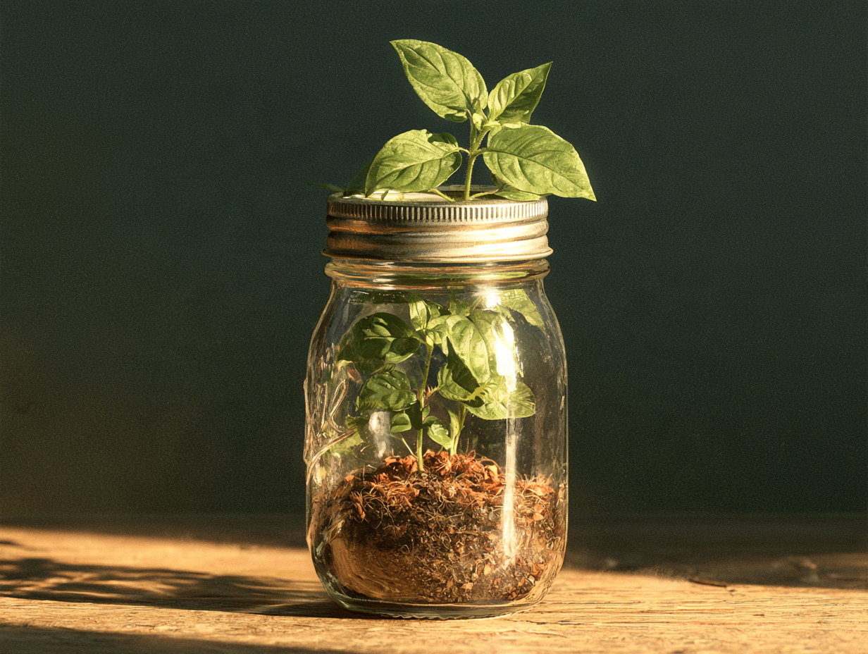 Small green plant growing in a glass jar, a thoughtful eco-friendly Teacher’s Day gift idea