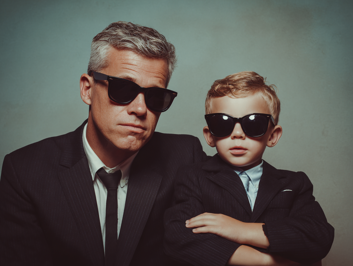 Father’s Day ecard featuring a stylish father and son wearing matching suits and sunglasses, celebrating a special father-child bond