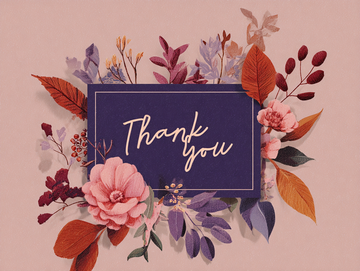 Elegant floral thank you eCard with pink flowers, autumn leaves, and a handwritten thank you message.