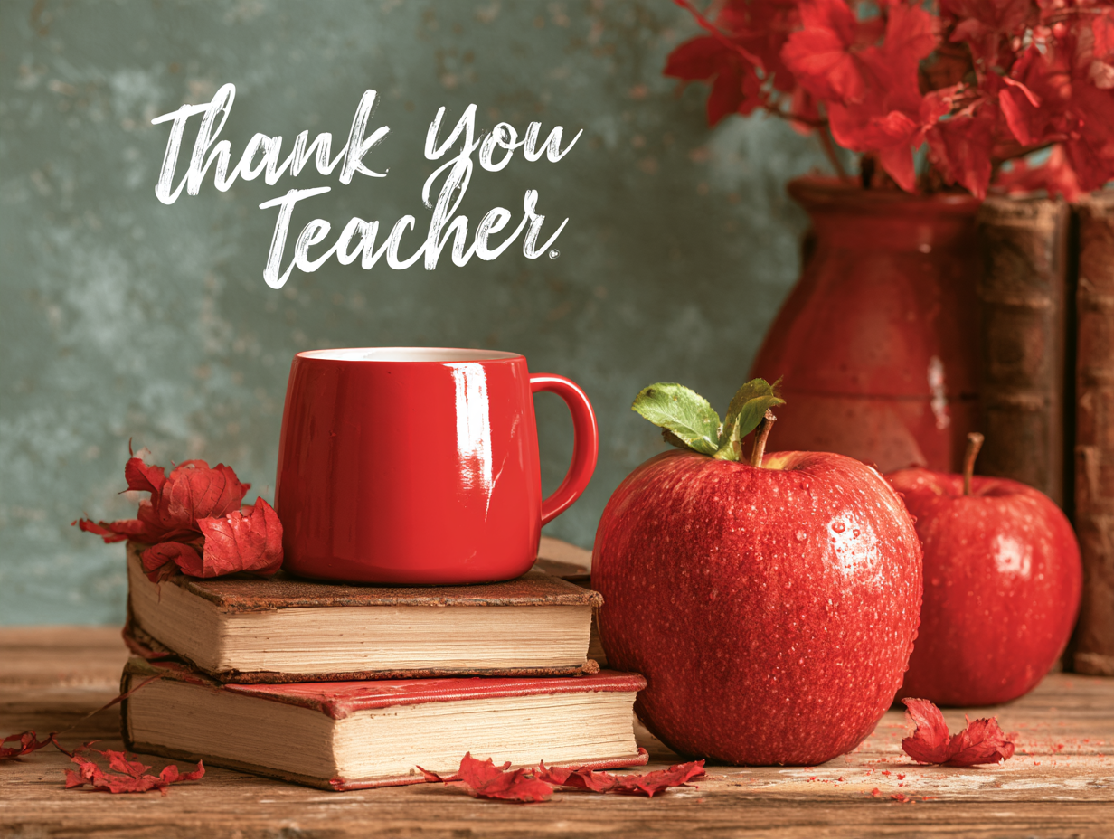 Thank You Teacher eCard with red apple, coffee mug and books for Teachers’ Day.